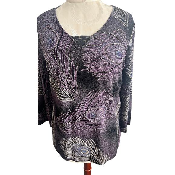 JM Collection Women's Peacock Feather 3/4 Sleeve Blouse Medium - Picture 1 of 7